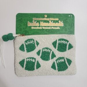 Wandering Moon India Handmade Beaded Green Footballs Travel Pouch Packers Eagles
